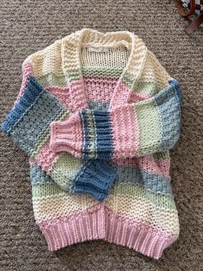 Pastel Multi-Stripe Open-Front Chunky Knit Cardigan